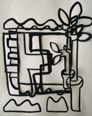 Outline drawing cut-out and superimposed on ink drawing